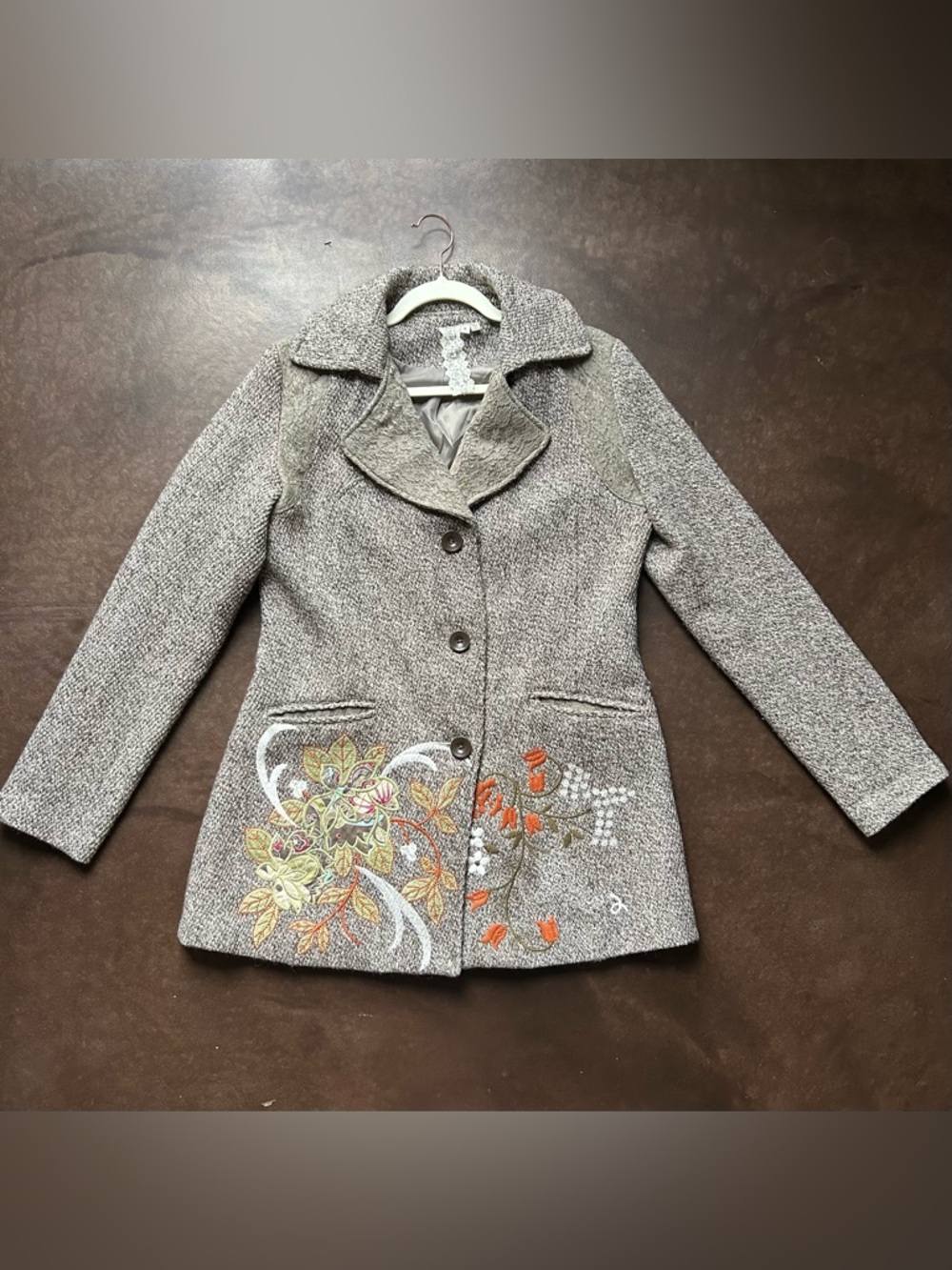 Mismash- floral embroidered and lace trim wool blend coat- size large
